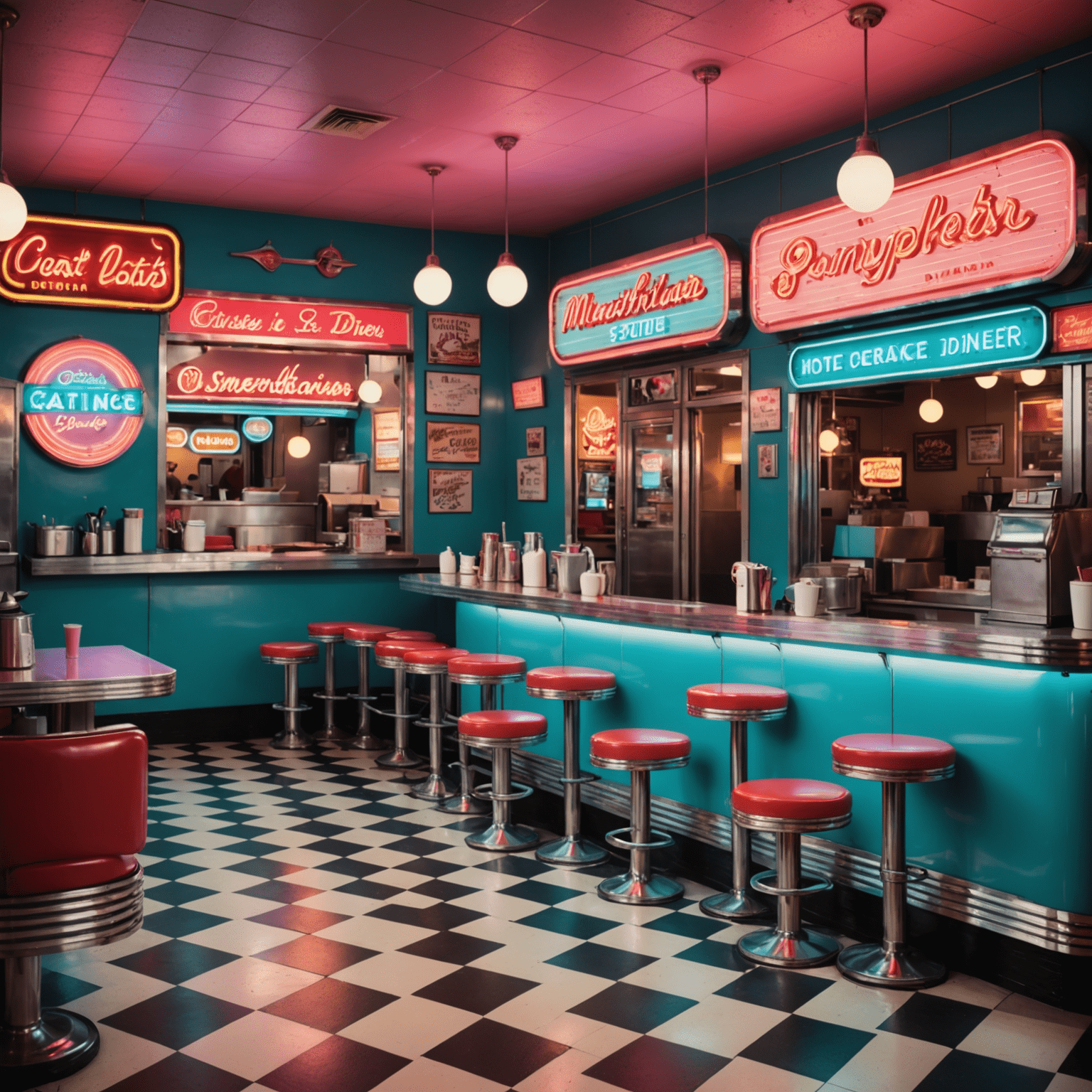 A vibrant retro-style illustration of a classic American diner with neon signs, checkered floors, and a counter full of delicious desserts including milkshakes, sundaes, and pies