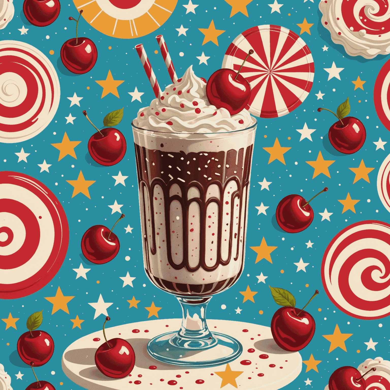 Retro milkshake with whipped cream and cherry on top, surrounded by atomic starburst patterns