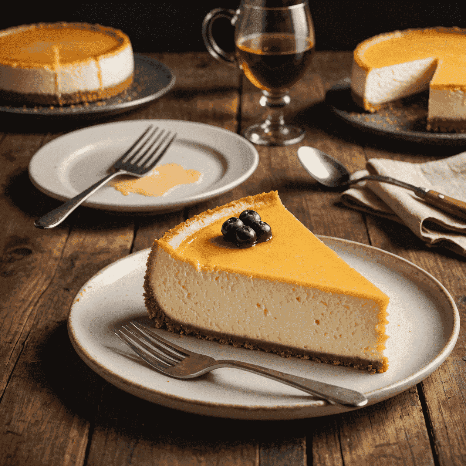 A creamy, golden New York-style cheesecake with a perfectly browned top, sitting on a rustic wooden table. The slice cut from it reveals a velvety, dense texture.