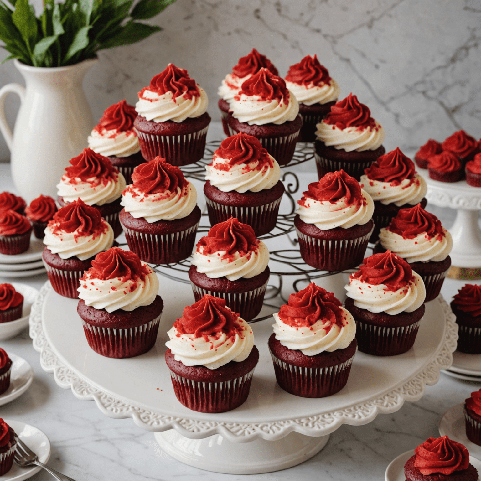 A dozen vibrant red velvet cupcakes with swirls of creamy white frosting, arranged on a vintage-style cake stand. The cupcakes have a rich, velvety texture and are topped with perfectly piped cream cheese frosting. A sprinkle of red velvet crumbs decorates the tops, adding a pop of color.