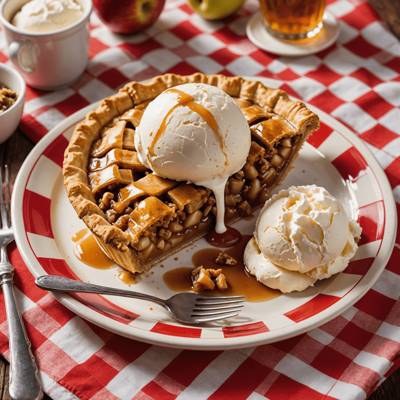 A slice of golden-brown apple pie with a scoop of creamy vanilla ice cream melting on top, served on a retro diner plate with a red and white checkered pattern. The pie crust is flaky and perfectly crimped, with visible apple slices and cinnamon peeking through. A vintage fork rests beside the plate.