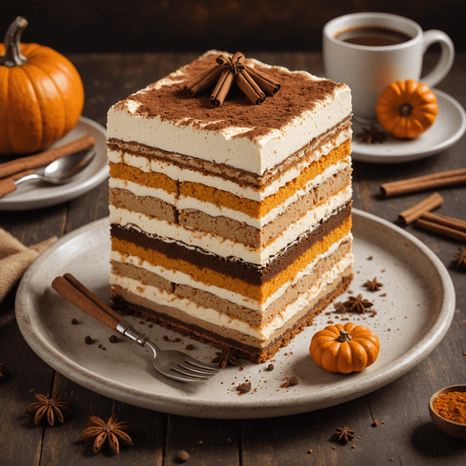 A layered tiramisu dessert with distinct pumpkin-colored layers, topped with a dusting of cocoa and cinnamon, garnished with a small pumpkin-shaped cookie and a cinnamon stick