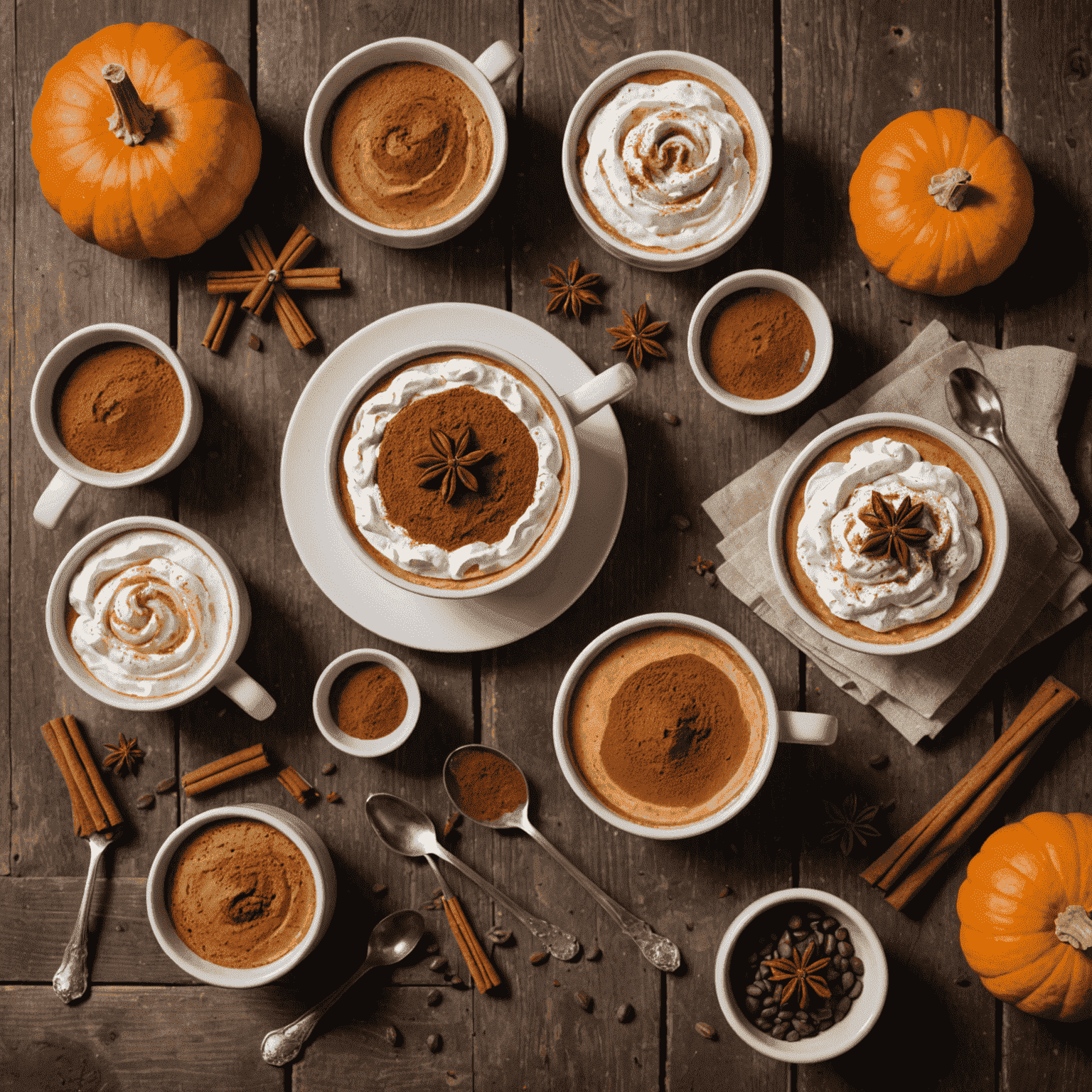 Ingredients for Pumpkin Spice Latte Tiramisu laid out on a rustic wooden table, including a block of mascarpone, a can of pumpkin puree, espresso in a small cup, ladyfingers, spice jars, and cocoa powder