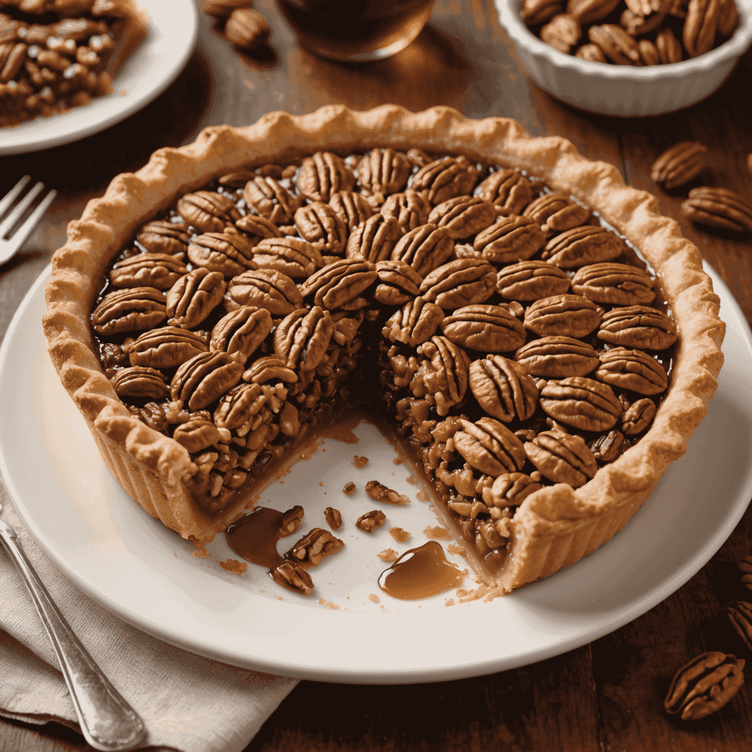 A slice of golden-brown pecan pie with a flaky crust, topped with a generous amount of pecans and glistening with maple syrup.