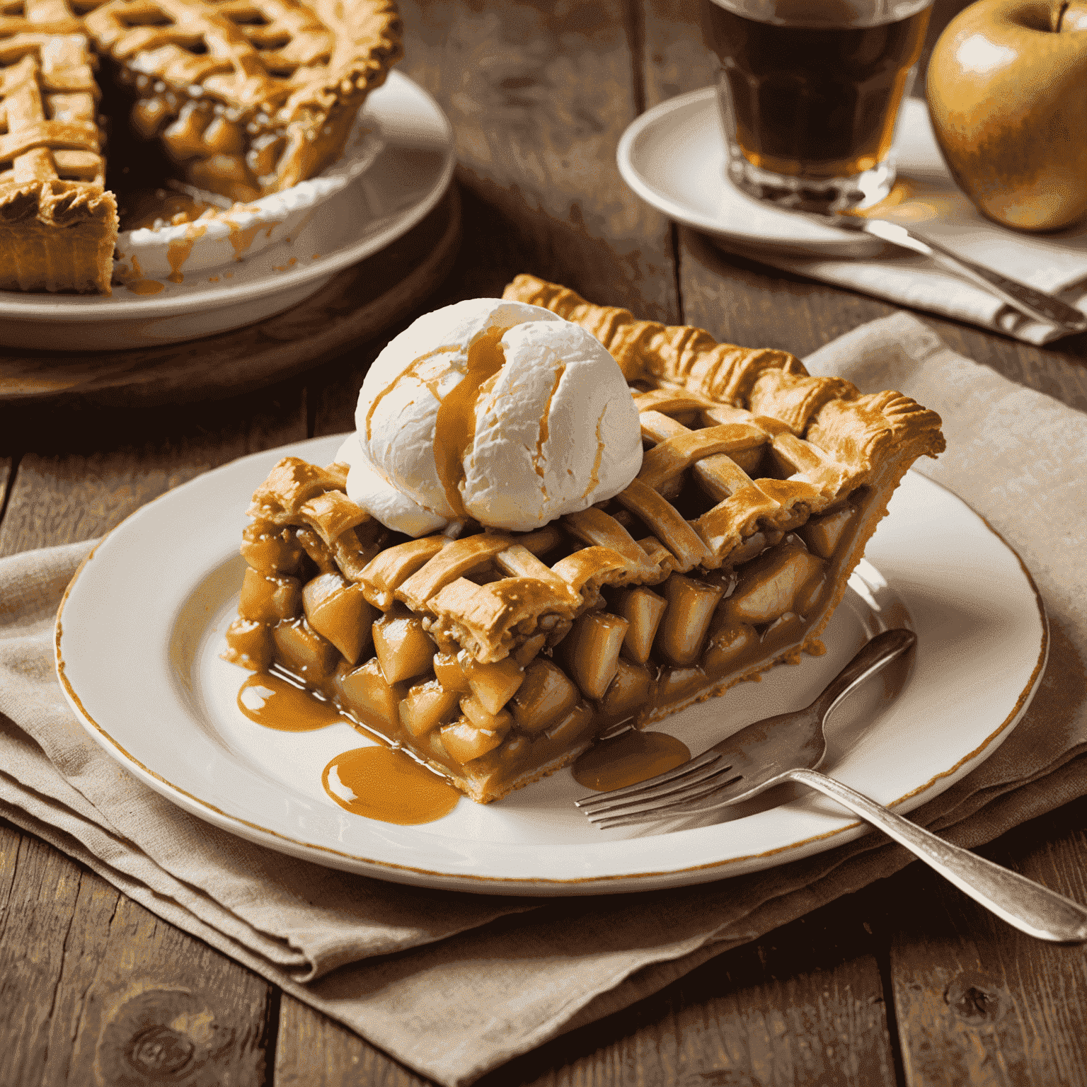 A slice of golden-brown apple pie with a lattice crust, served with a scoop of creamy vanilla ice cream melting on top.