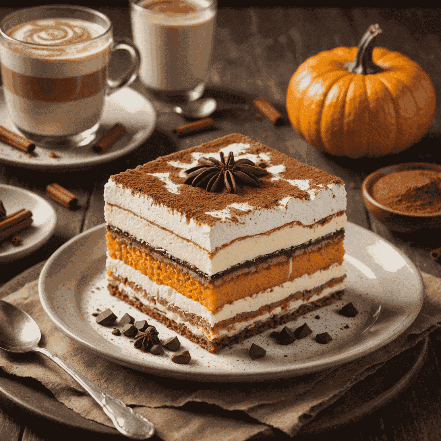 A glass dish of layered tiramisu with distinct pumpkin-colored layers, topped with a dusting of cocoa and a small pumpkin spice latte in the background.